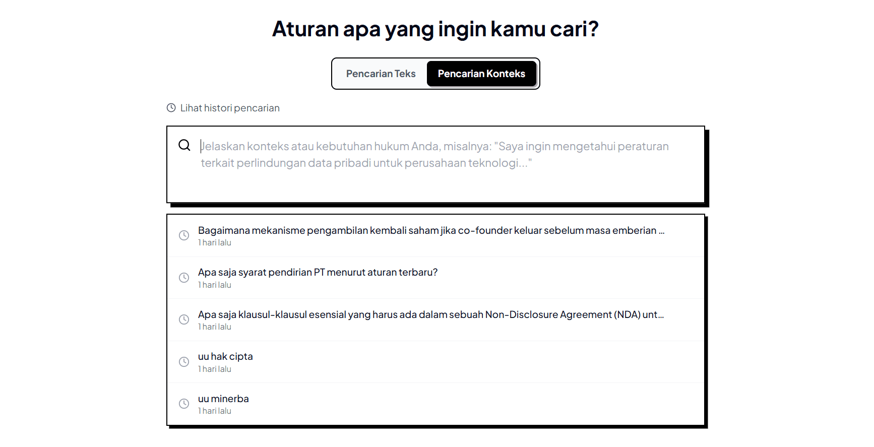 Menu Pencarian Peraturan & Pencarian Konteks