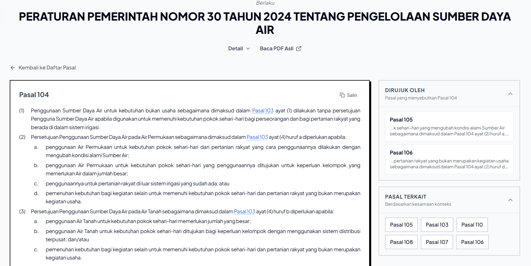 Tampilan Kolom Dirujuk Oleh & Pasal Terkait