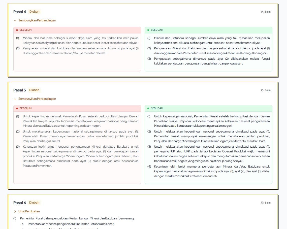 Tampilan Perbandingan Perubahan Pasal